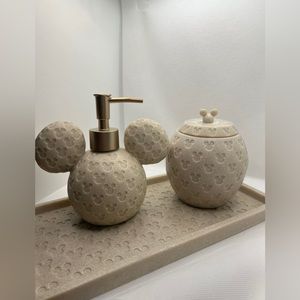 Brand New 3 Piece Disney Mickey Soap Dispenser with cup and tray.